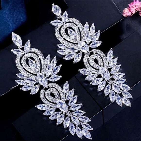 Silver Cubic Zirconia Wedding Earrings, Bridal, Dangle, Anniversary - Picture 6 of 10